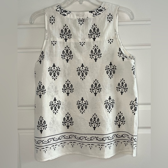 Anne Carson Linen Blend Sleeveless Blouse Size Medium White/Black Print Coastal - Picture 6 of 12